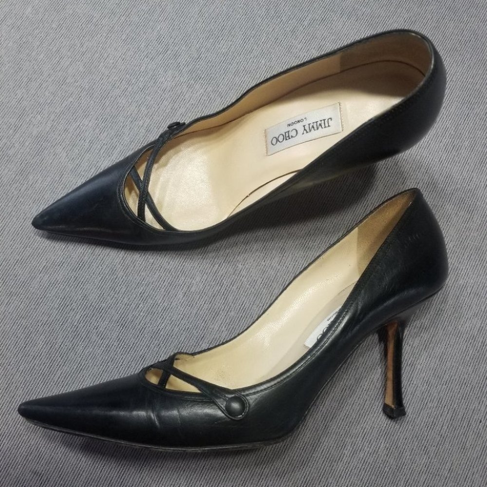 Jimmy Choo Black Pointed Toe Mary Jane Stiletto Leather Pumps 9.5